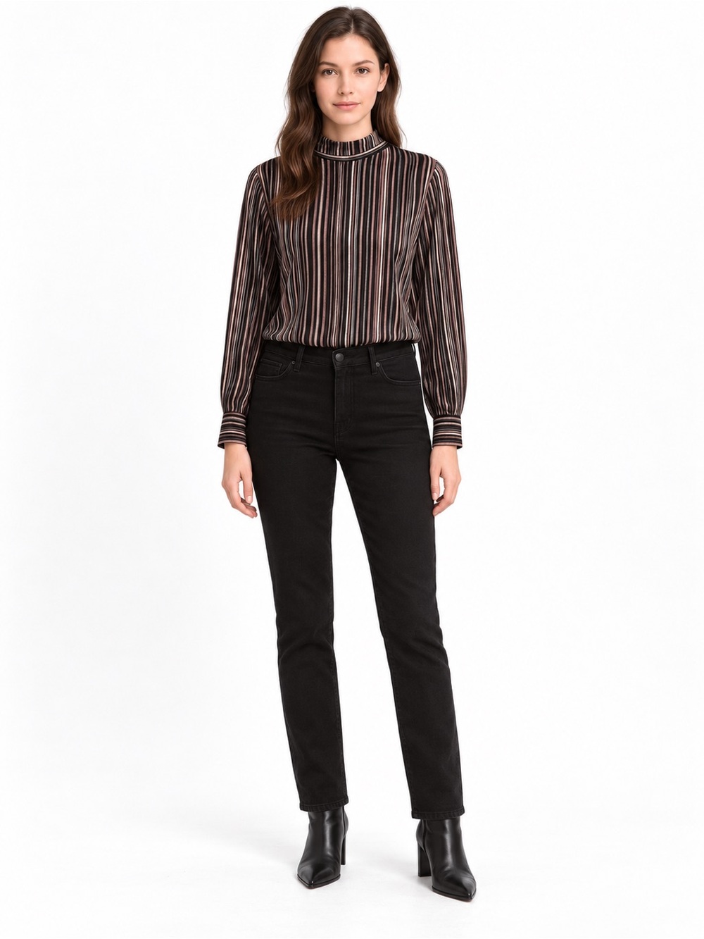 Luxe Velvet MockNeck Long Sleeve Multi Striped Silver Red Black Popover Top